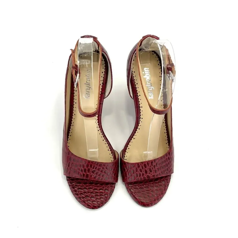 Anthropologie/Farylrobin D'Orsay Wedge Sandal Sz 7 Red Leather Embossed Open-Toe